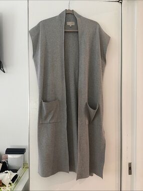 Joan Vass Versatile HeatherGray Open-Front Long Vest with Pockets